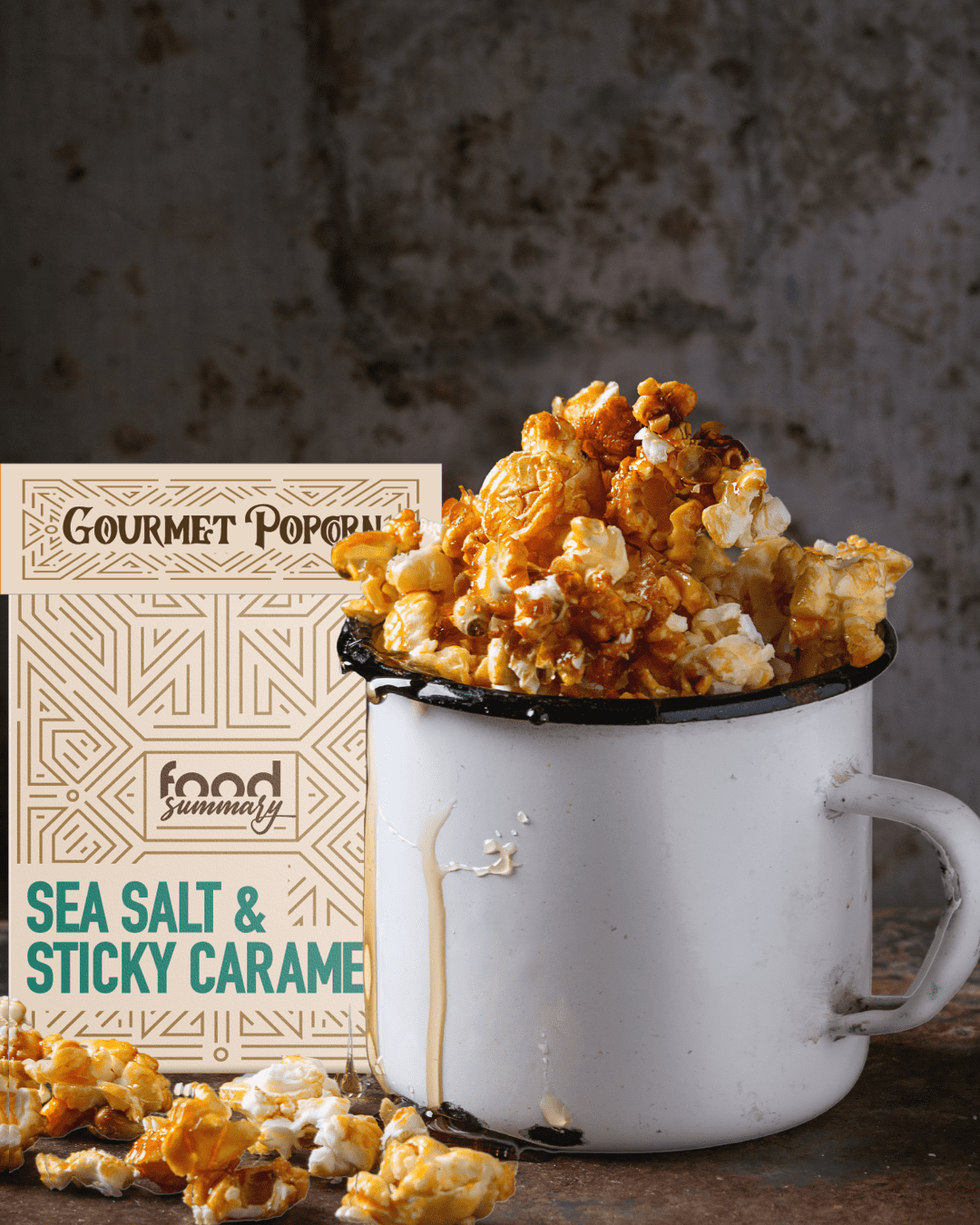 Food Summary Sea salt & Sticky Caramel Gourmet Popcorn